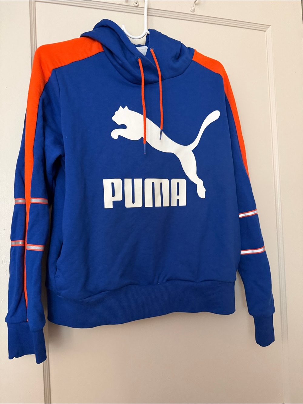 Puma Blue Hoodie with Orange Panels and White Logo NYC Size S